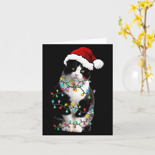 Cute Tuxedo Black Cat Christmas Light Cat Christma Kaart (Gele Bloem)
