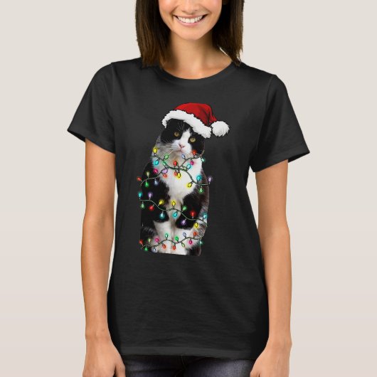 Cute Tuxedo Black Cat Christmas Light Cat Christma T-shirt (Voorkant)