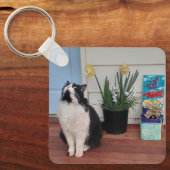 Cute Tuxedo Cat Black White Cats Floral Daffodil Sleutelhanger (Voorkant)