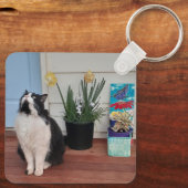 Cute Tuxedo Cat Black White Cats Floral Daffodil Sleutelhanger (Achterkant)