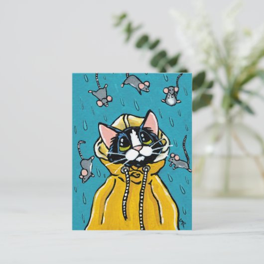 Cute Tuxedo Cat en Raining Mice Illustration Briefkaart (Staand voorkant)