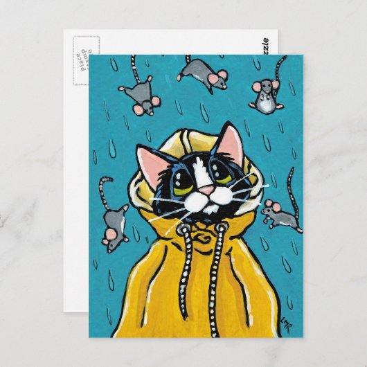 Cute Tuxedo Cat en Raining Mice Illustration Briefkaart (Voorkant / Achterkant)