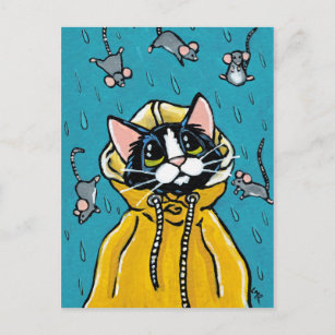 Cute Tuxedo Cat en Raining Mice Illustration Briefkaart
