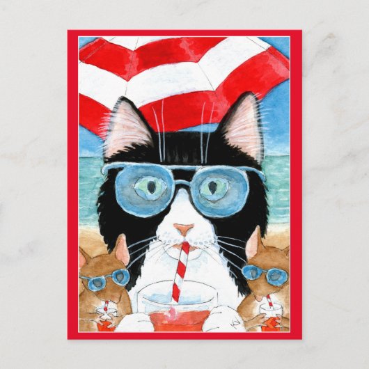Cute Tuxedo Cat Mouse strandvakantie zomer Briefkaart (Voorkant)