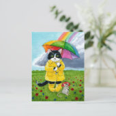 Cute tuxedo cat, muis, met regenboogparaplu briefkaart (Staand voorkant)