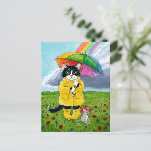 Cute tuxedo cat, muis, met regenboogparaplu briefkaart (Staand voorkant)
