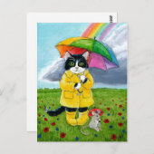Cute tuxedo cat, muis, met regenboogparaplu briefkaart (Voorkant / Achterkant)