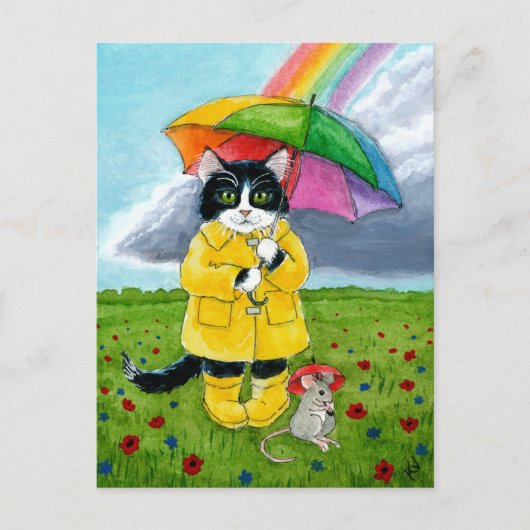 Cute tuxedo cat, muis, met regenboogparaplu briefkaart (Voorkant)