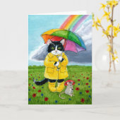 Cute tuxedo cat, muis, regenboogparaplu kaart (Gele Bloem)