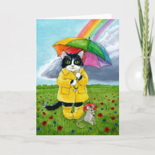 Cute tuxedo cat, muis, regenboogparaplu kaart