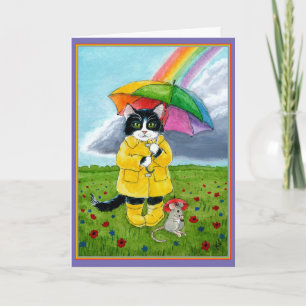Cute tuxedo cat, muis, regenboogparaplu verjaardag kaart