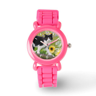 Cute tuxedo cat op een boomtak met zonnebloemen - horloge