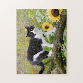 Cute tuxedo cat op een boomtak met zonnebloemen legpuzzel