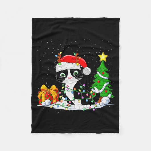 Cute Tuxedo Cat Santa Christmas Tree Lights Xmas T Fleece Deken (Voorkant)