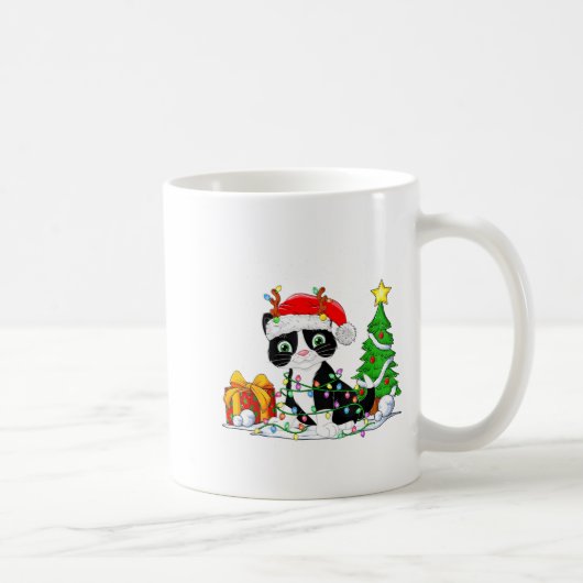 Cute Tuxedo Cat Santa Christmas Tree Lights Xmas T Koffiemok (Rechts)