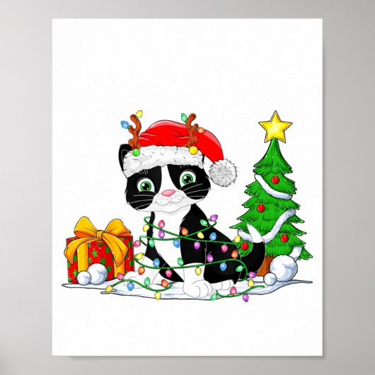 Cute Tuxedo Cat Santa Christmas Tree Lights Xmas T Poster (Voorkant)