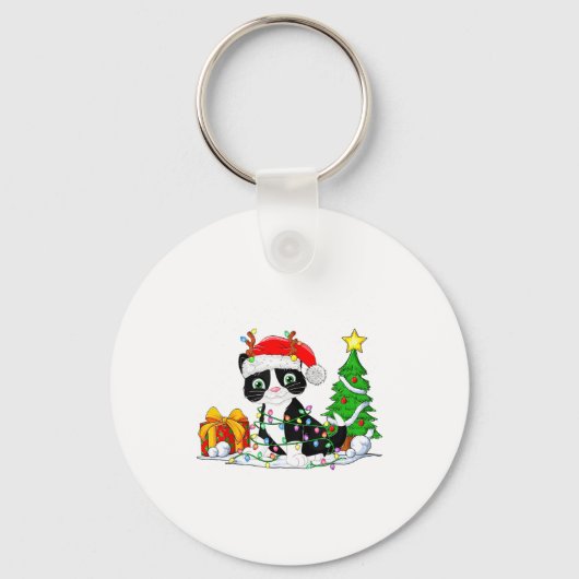 Cute Tuxedo Cat Santa Christmas Tree Lights Xmas T Sleutelhanger (Voorkant)