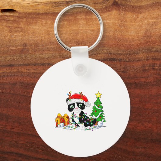 Cute Tuxedo Cat Santa Christmas Tree Lights Xmas T Sleutelhanger (Voorkant)