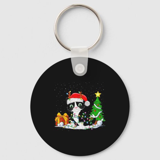 Cute Tuxedo Cat Santa Christmas Tree Lights Xmas T Sleutelhanger (Voorkant)