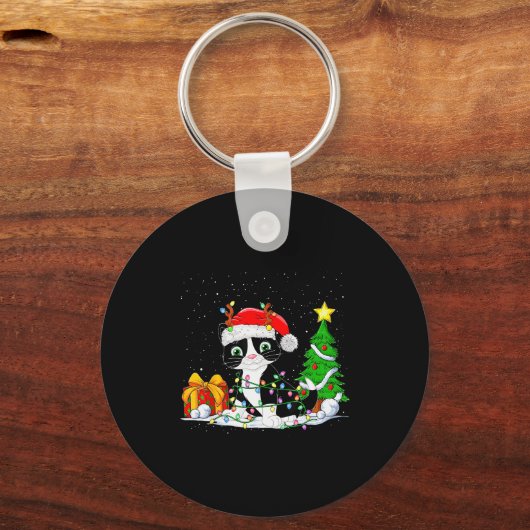 Cute Tuxedo Cat Santa Christmas Tree Lights Xmas T Sleutelhanger (Voorkant)