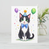 Cute Tuxedo Cat with a Bow Tie Happy Birthday Kaart (Staand voorkant)