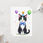 Cute Tuxedo Cat with a Bow Tie Happy Birthday Kaart (Voorkant / Achterkant in situ)