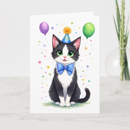 Cute Tuxedo Cat with a Bow Tie Happy Birthday Kaart (Voorkant)