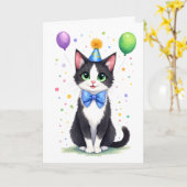 Cute Tuxedo Cat with a Bow Tie Happy Birthday Kaart (Gele Bloem)