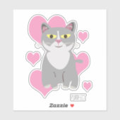 Cute Tuxedo Gray Cat Hearts Fun Pet Cartoon Sticker (Vel)