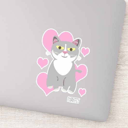 Cute Tuxedo Gray Cat Hearts Fun Pet Cartoon Sticker (Detail)