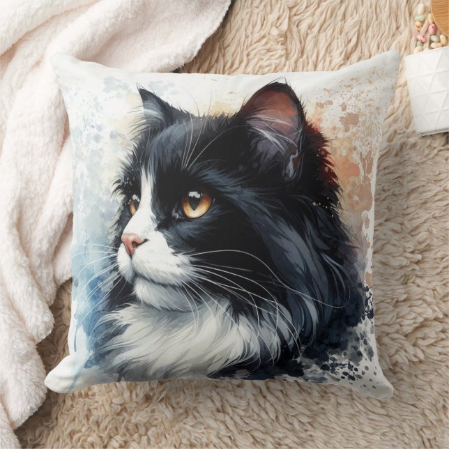 Cute Tuxedo Kat Aquarel Kunst Kussen (Deken)