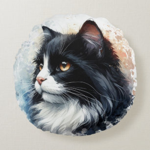 Cute Tuxedo Kat Aquarel Kunst Rond Kussen