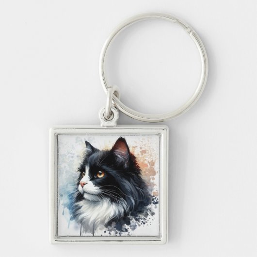 Cute Tuxedo Kat Aquarel Kunst Sleutelhanger (Voorkant)