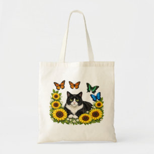 Cute Tuxedo Kat Zonnebloem Krans Portret Tote Bag