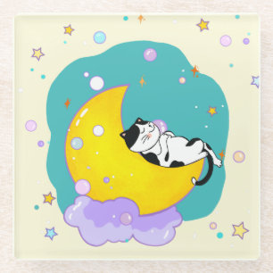 Cute Tuxedo Kitty Kat Slapend Op Maan Glazen Onderzetter