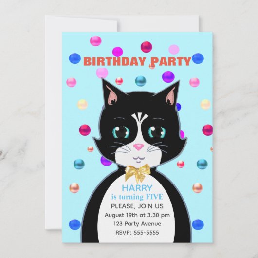 Cute Tuxedo Verjaardag Kat & Kleurrijke Confetti Kaart (Voorkant)
