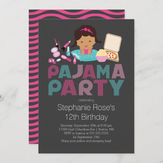 Cute Tween Pajama Birthday Party Invitation Kaart (Voorkant / Achterkant)