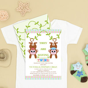 Cute Twin Boy and Girl Monkey Baby shower Kaart