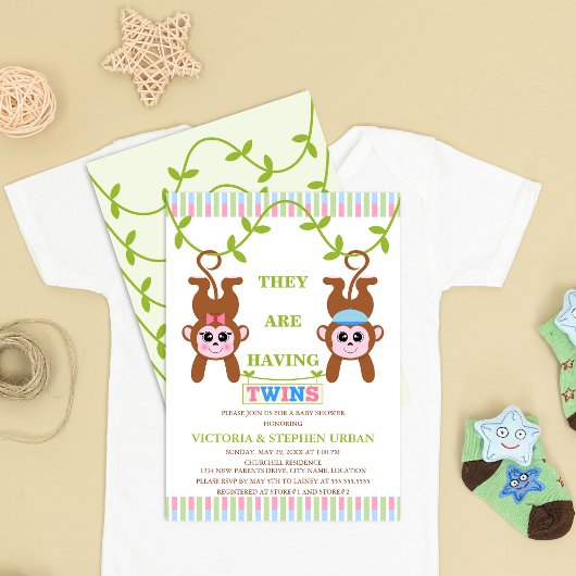 Cute Twin Boy and Girl Monkey Baby shower Kaart