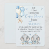 Cute Twin Boys Elephant  Baby Shower Invitation Kaart (Voorkant / Achterkant)