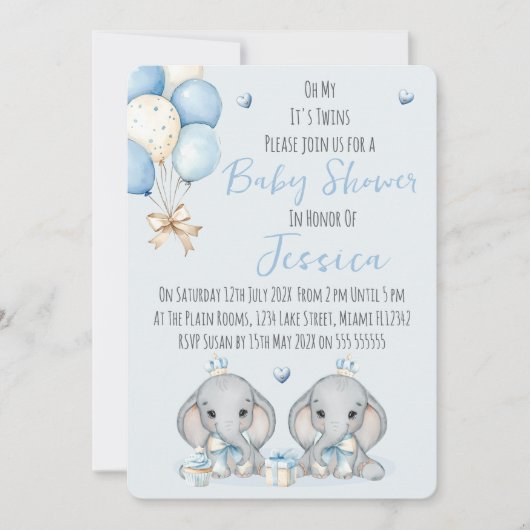 Cute Twin Boys Elephant  Baby Shower Invitation Kaart (Voorkant)