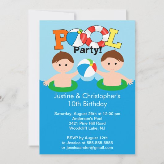 CUTE Twin Boys Pool Party of Birthday Invitation Kaart (Voorkant)