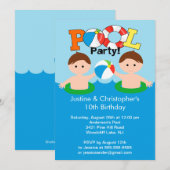 CUTE Twin Boys Pool Party of Birthday Invitation Kaart (Voorkant / Achterkant)