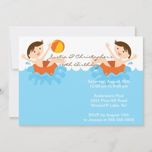 CUTE Twin Boys Pool Party of Birthday Invitation Kaart (Voorkant)
