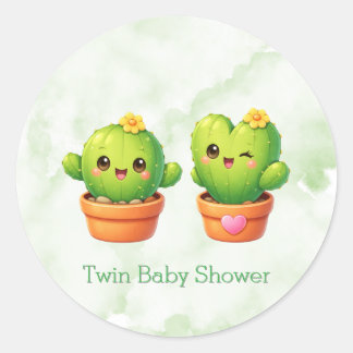 Cute Twin Cactus Baby Shower Ronde Sticker