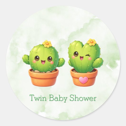 Cute Twin Cactus Baby Shower Ronde Sticker (Voorkant)
