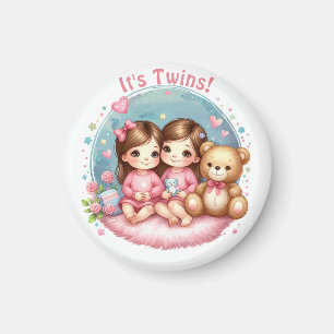 Cute Twin Girl's Baby Shower Watervorst Teddy Beer Magneet
