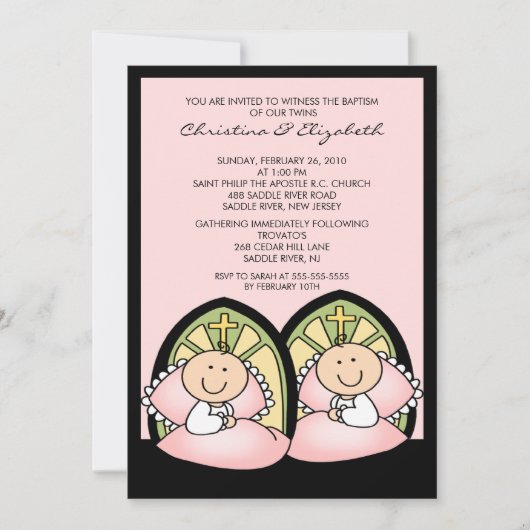 Cute Twin Girls Baptism Christening Inture Kaart (Voorkant)