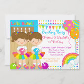 Cute Twin Girls Bowling Birthday Party Invitation Kaart (Voorkant)