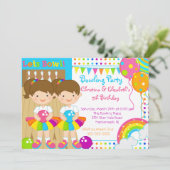 Cute Twin Girls Bowling Birthday Party Invitation Kaart (Staand voorkant)